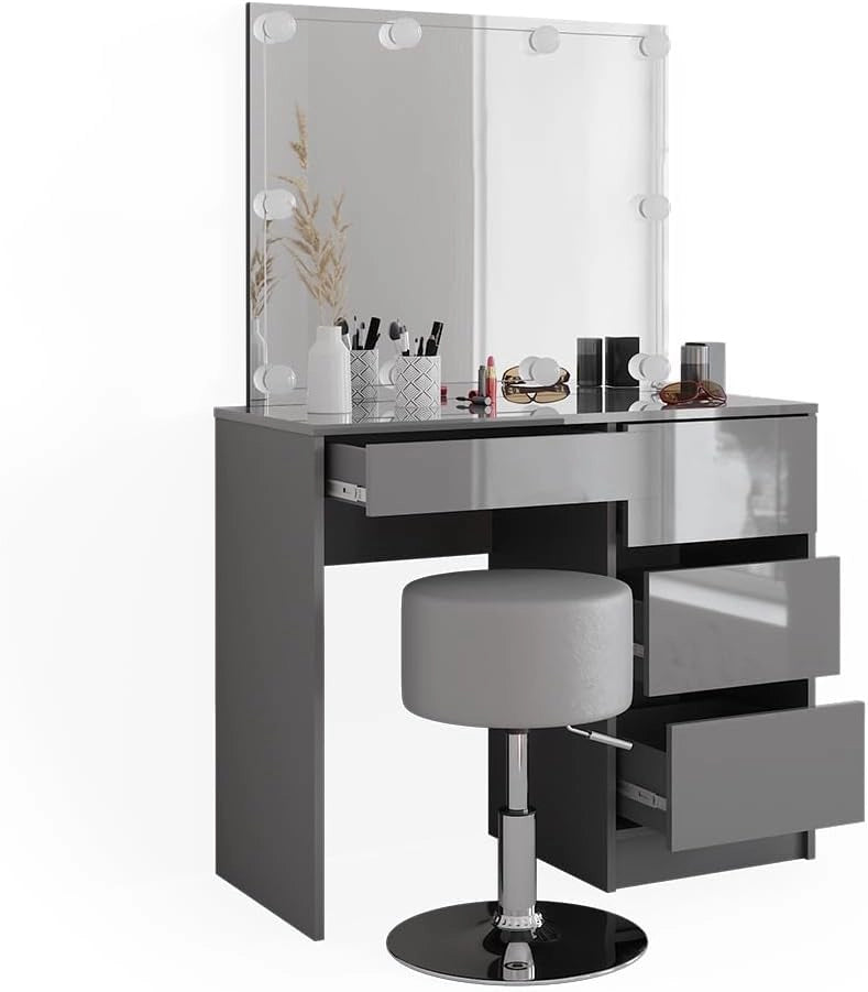Tavolo da toeletta Sherry, Grigio, 90 cm con illuminazione a LED e sgabello, con illuminazione a LED e panca imbottita