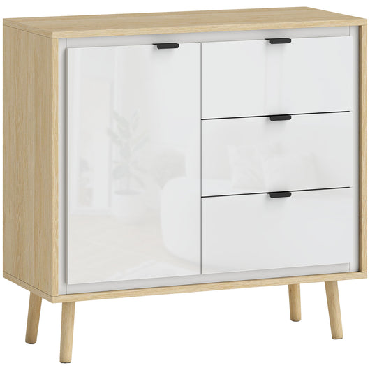 Credenza Moderna con 3 Cassetti e Armadietto Ante Lucide Bianco e Rovere