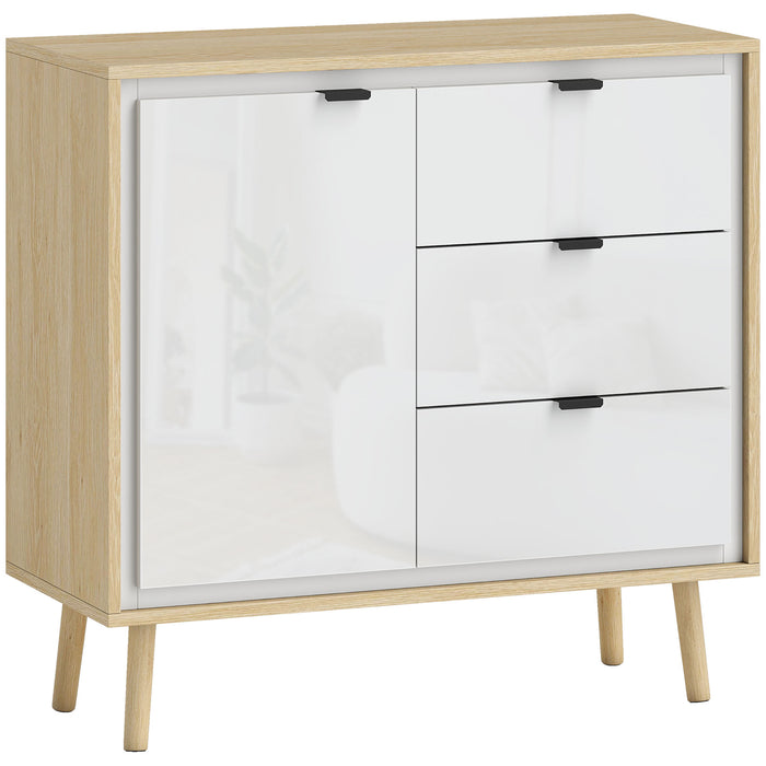 Credenza Moderna con 3 Cassetti e Armadietto Ante Lucide Bianco e Rovere