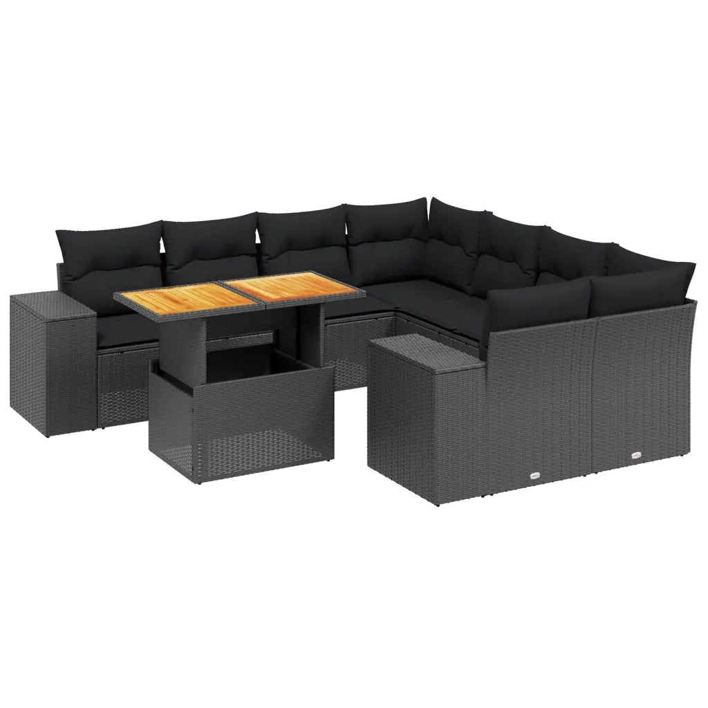 Set Divani da Giardino 9 pz con Cuscini Nero in Polyrattan