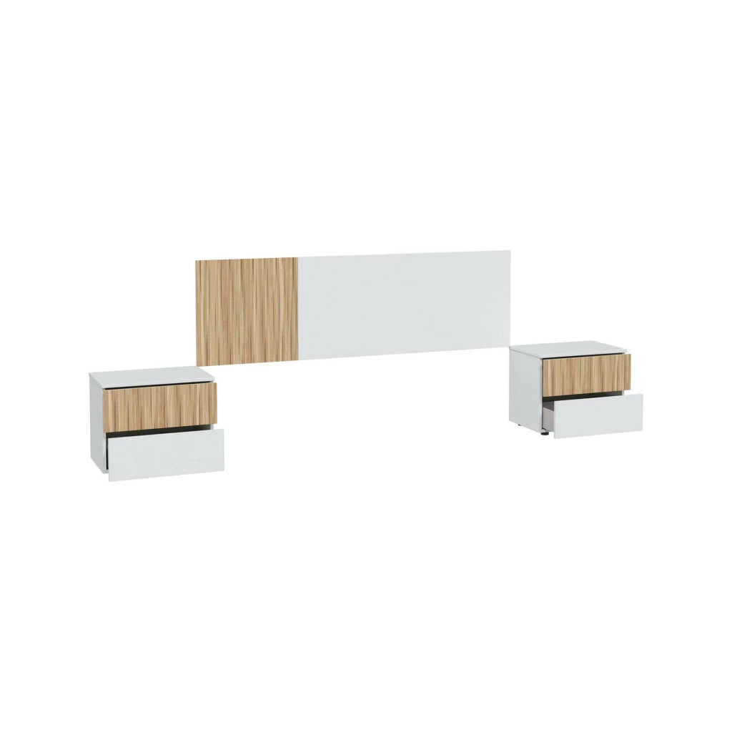 Testiera letto Armony, Testata letto con 2 comodini, Set per camera da letto, 266x34h89 cm, Bianco e Rovere