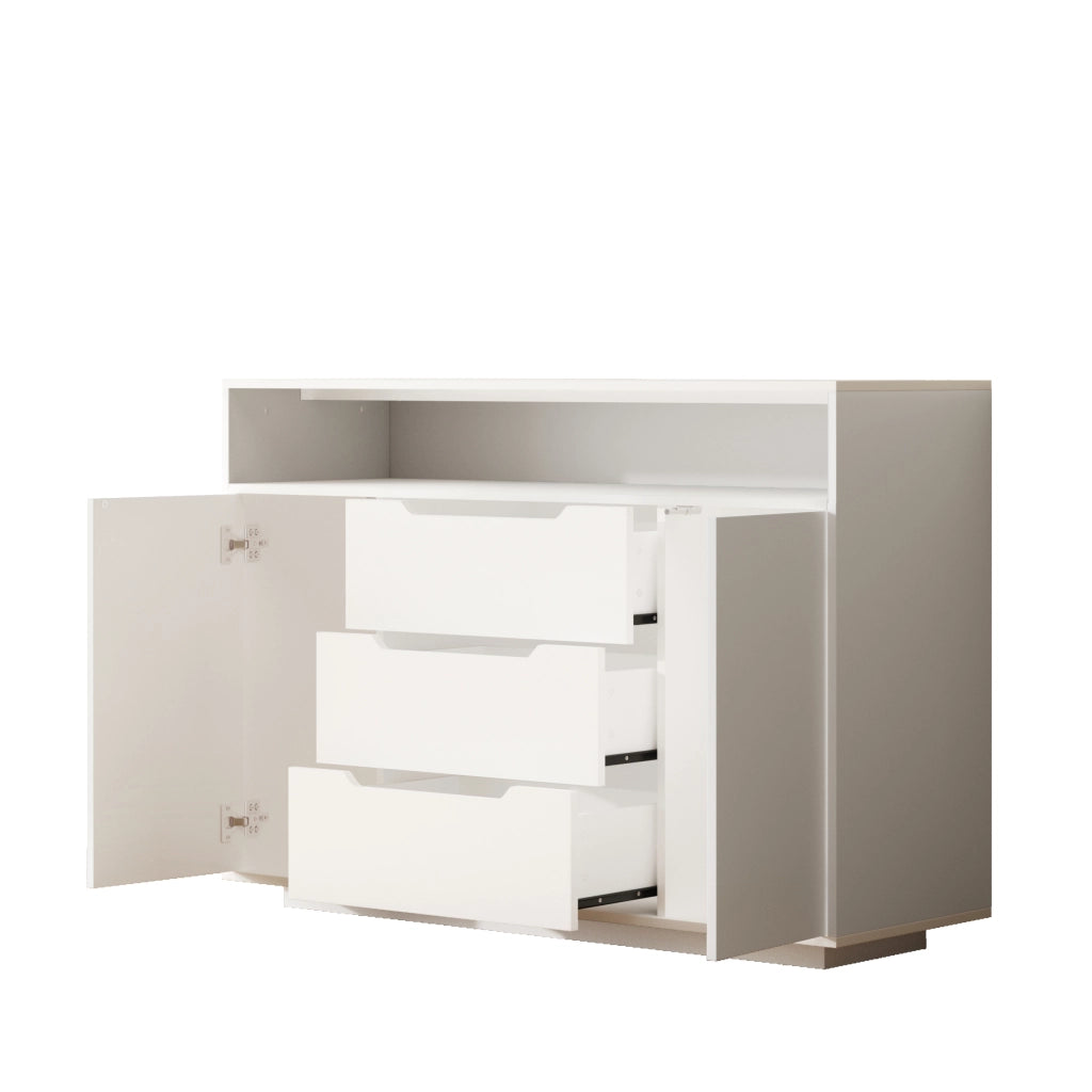 Credenza moderna bianca con ripiani aperti, 3 cassetti e vani con ante, con luce LED integrata