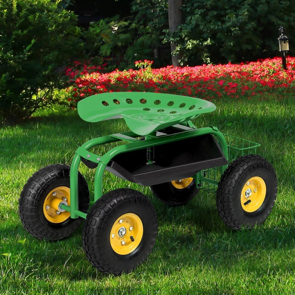 Sedia a rotelle per giardinaggio, girevole a 360° e regolabile in altezza da 46-53 cm, con cestino e ripiano, portata 150 kg, per giardinaggio e cura dell'auto, verde