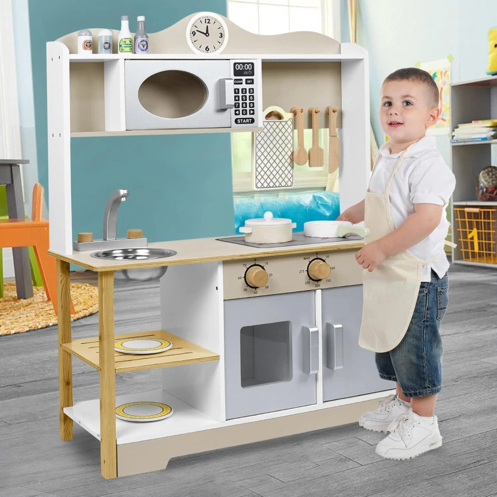 Cucina giocattolo per bambini in legno con piano cottura, forno a microonde, rubinetto, lavandino e accessori da cucina, giocattolo per bambini a partire dai 3 anni, 65 x 24 x 85 cm