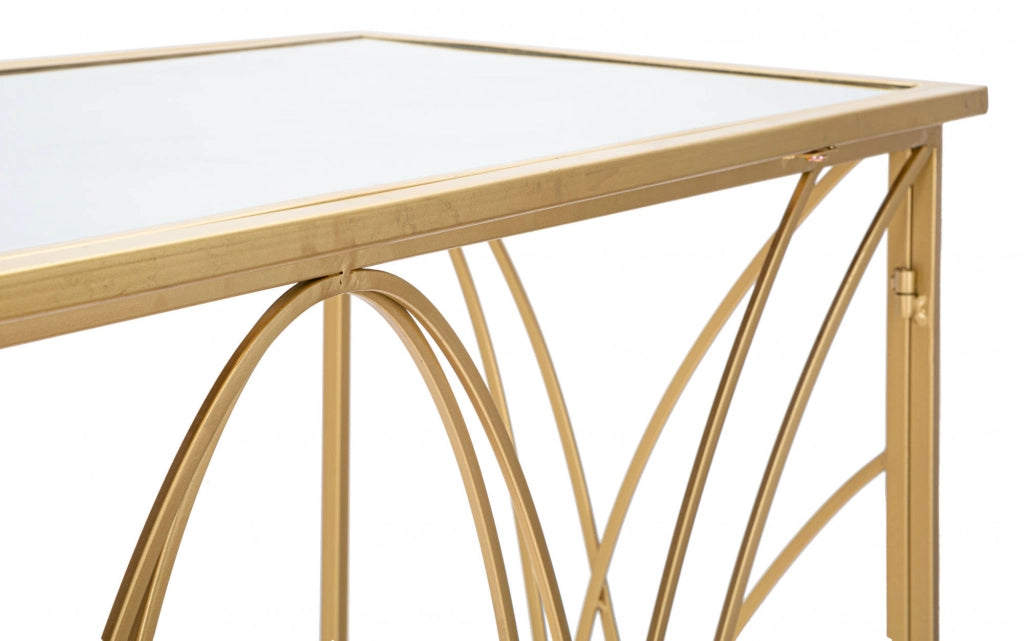 Console elegante, in metallo dorato, con piano in vetro a specchio, colore oro, Misure 40 x 80 x 120 cm