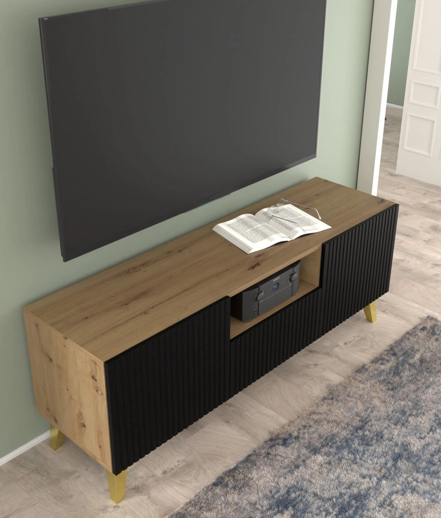 MOBILE RAVENNA PB PORTA TV IN MDF RIVESTITO IN FOGLIO 150 2D1S ROVERE ARTIGIANALE NERO OPACO GAMBE DORATE