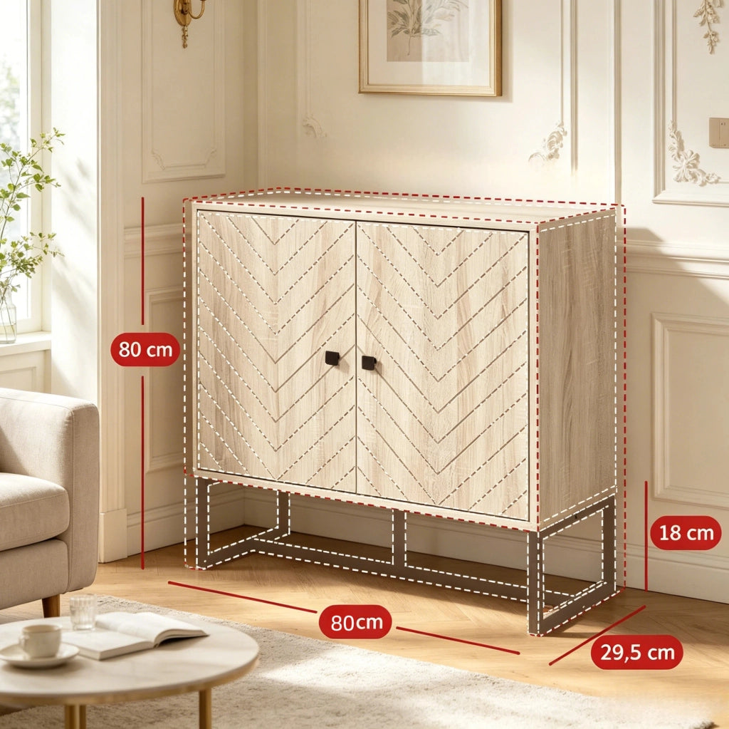 Credenza bicolore con ripiani regolabili, ante magnetiche e base in metallo