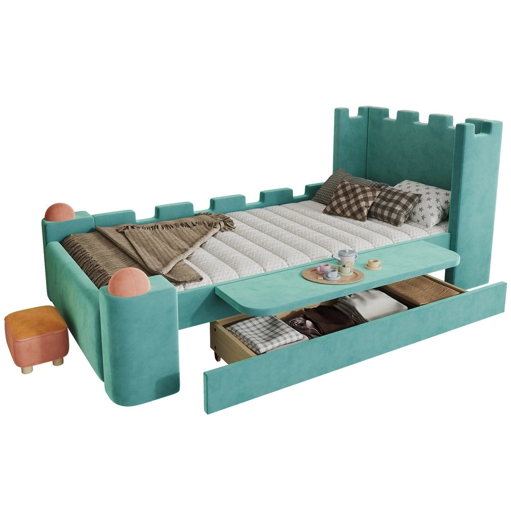Letto imbottito singolo con cassetto ¨C Minimal ¨C blu velluto 90x200 cm