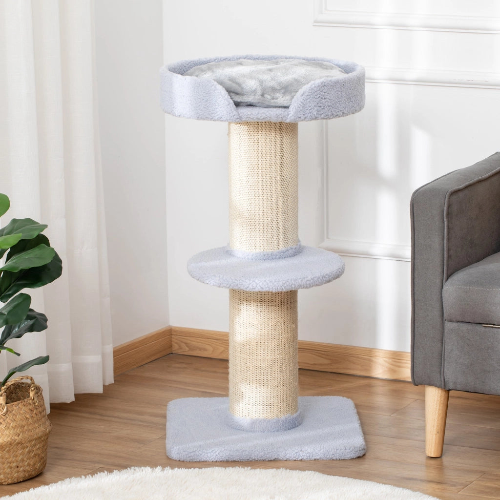 Tiragraffi per Gatti 45x45x91 cm con Lettino in Peluche e Palo in Sisal Azzurro