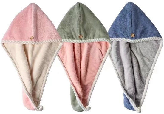 Set di asciugamani per capelli in microfibra, con 3 pezzi con fermagli, adatti per capelli ricci (umidità/dry), asciugamani per doccia e bagno veloci (rosa, verde, blu)