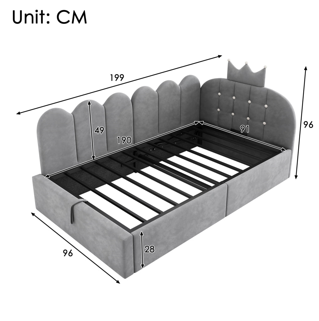 Daybed imbottito 90x190 cm in velluto grigio con vano contenitore idraulico