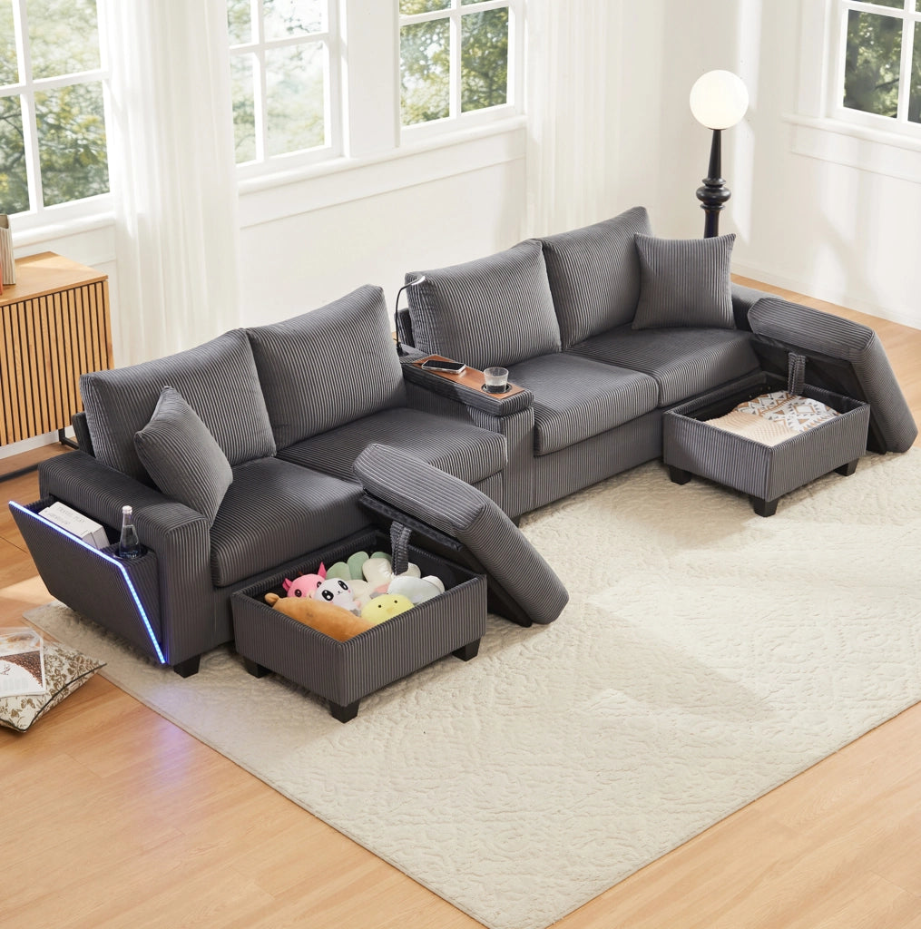 Divano a U in velluto a coste grigio con 2 pouf contenitore; LED; USB e Type-C HOMVRA