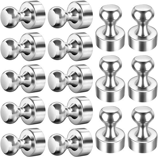 Magnetici a neodimio per pulsante (20 pezzi 12 x 16 mm) | N35 magneti metallici | Magnetici a forma di sfera estremamente forti in acciaio inossidabile per bacheche da frigorifero, magneti per lavagne, lavagne per appunti con scatola di contenimento