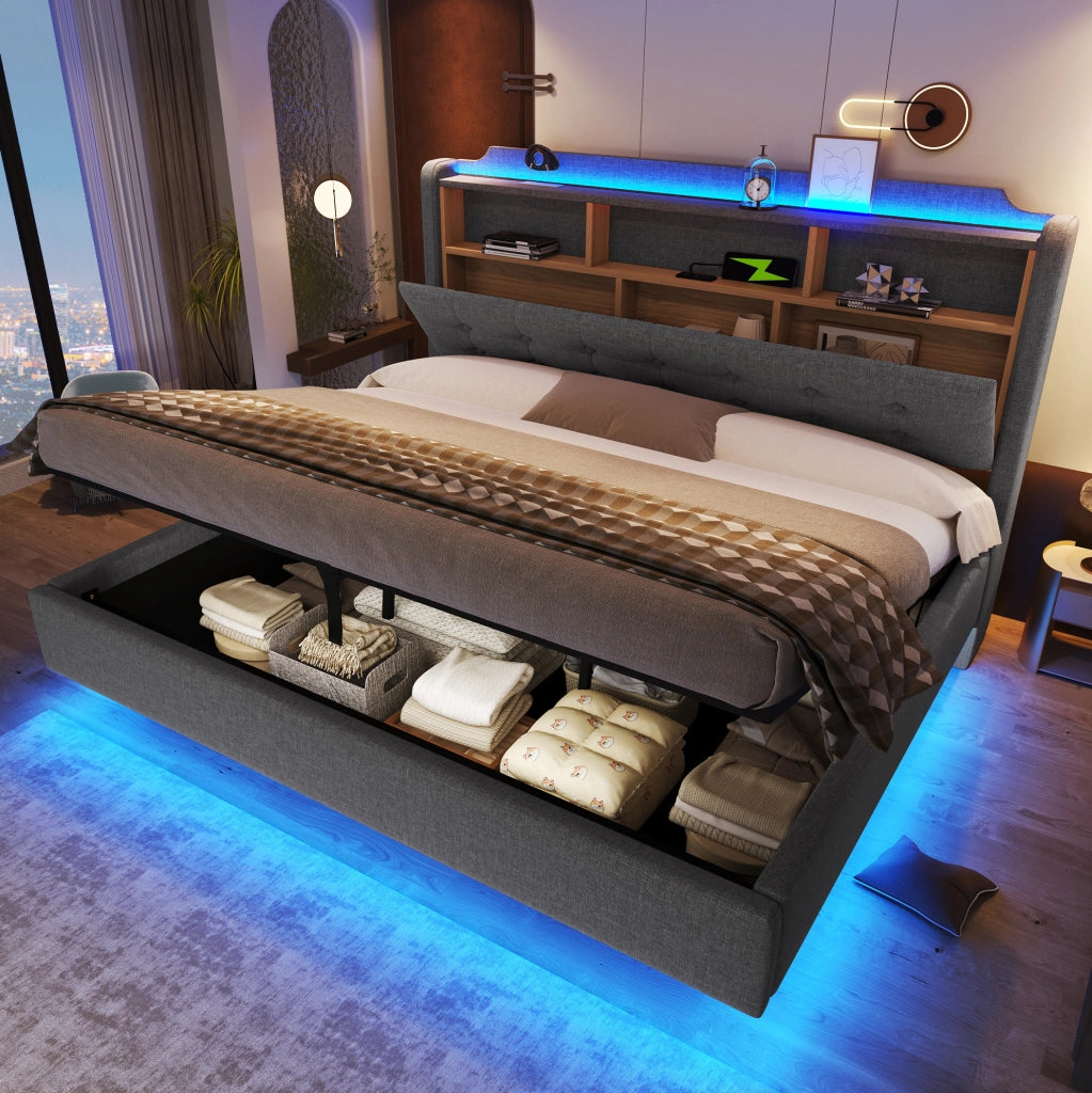 Letto imbottito 180x200 cm con LED; contenitore idraulico; USB e Type-C; lino; grigio