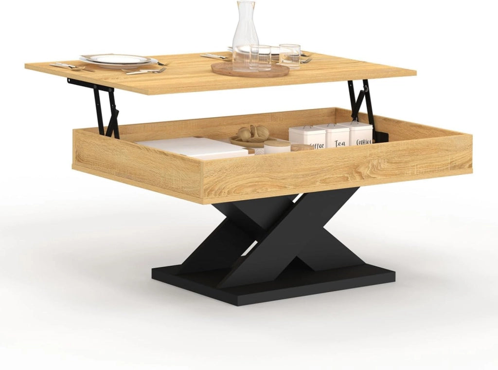 Tavolino rettangolare con piano sollevabile in legno ALICIA e base nera