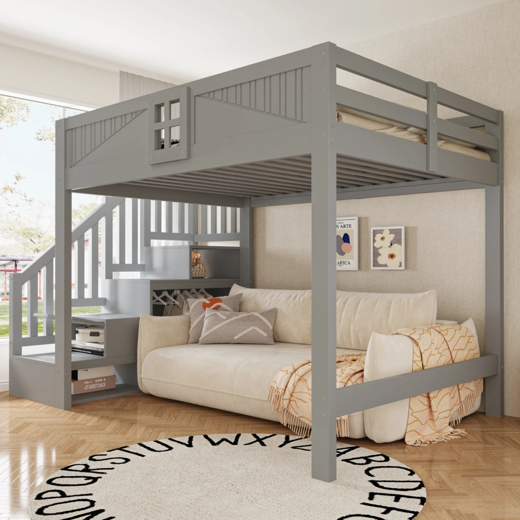 Letto a soppalco 140x200 cm con parapetto a finestra e scala contenitore reversibile; legno massello grigio