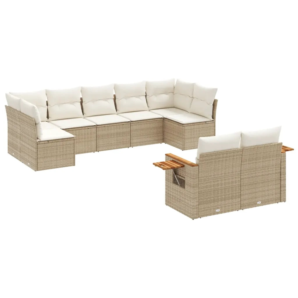 Set Divano da Giardino 9 pz con Cuscini Beige in Polyrattan