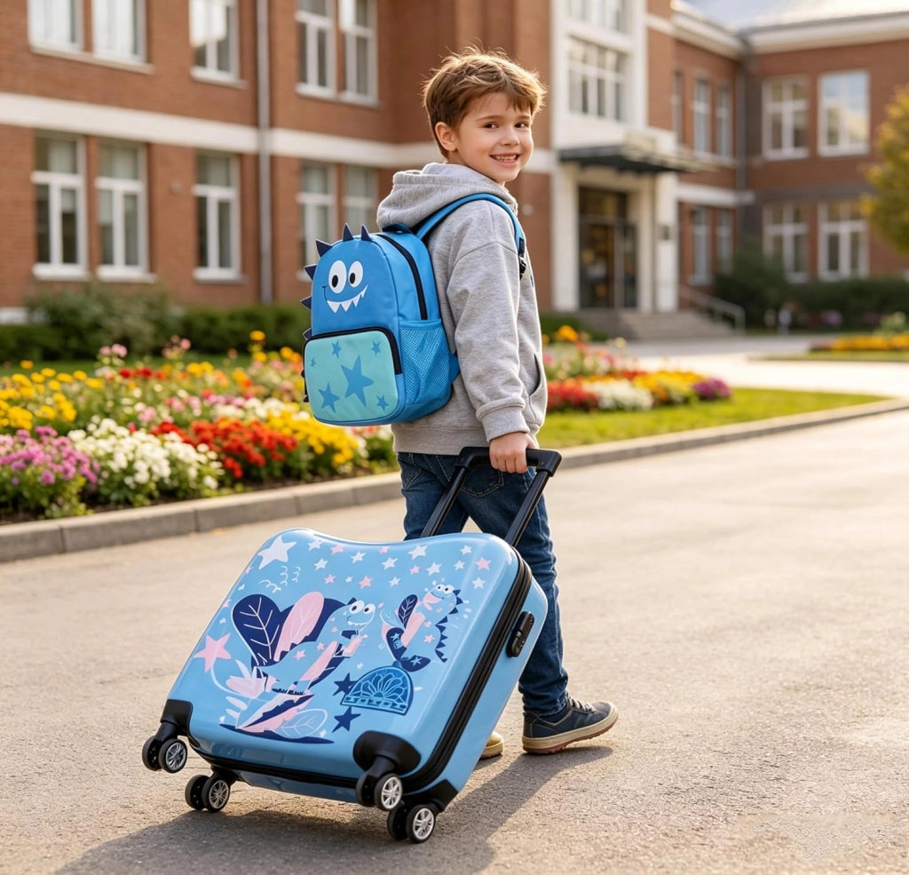 Set di Valigia Cavalcabile 18’’ + Zaino 12’’ per Bambini 2 Pezzi, Bagagli 2-in-1 di con Maniglia Telescopica e 4 Ruote, Trolley Bagaglio a Mano e Zaino per Bambini (Blu Dinosauro)