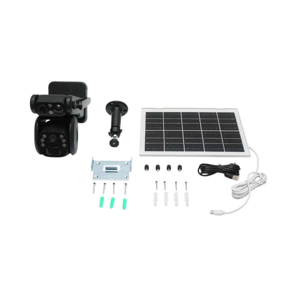 Telecamera di sorveglianza con lente doppia 6 MP, 4G, WIFI 2.4 GHz, pannello solare, batteria da 9.000 mAh, controllo PTZ, sensore di movimento, rilevamento umano PIR, visione notturna e applicazione Ubox