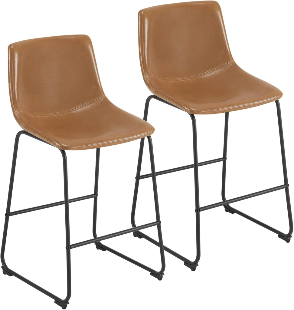 Sgabelli cucina con Schienale, Sedia da Cucina in PU, Sgabello Alto Imbottito per Bistrot, Isola Cucina, con Gambe e Poggiapiedi in Metallo, Marrone, 1071BY-2
