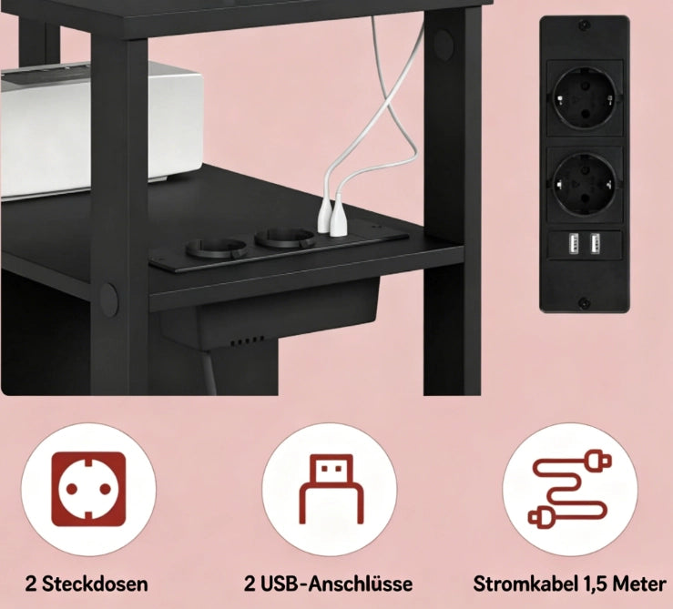 DESMIU Tavolino Laterale Moderno Nero con Prese USB e AC, 60x60x30 cm