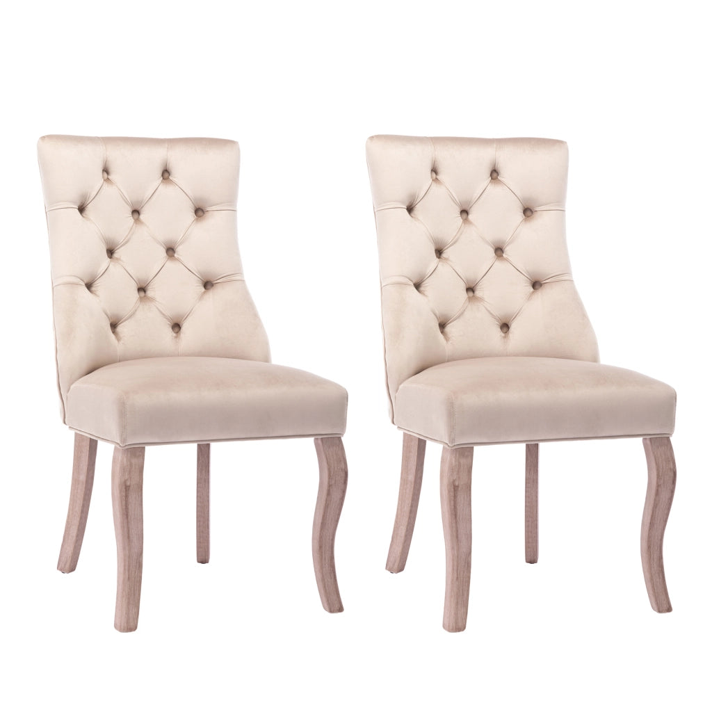 Set di 2 sedie da pranzo con schienale alto; capitonné e struttura in legno in velluto beige