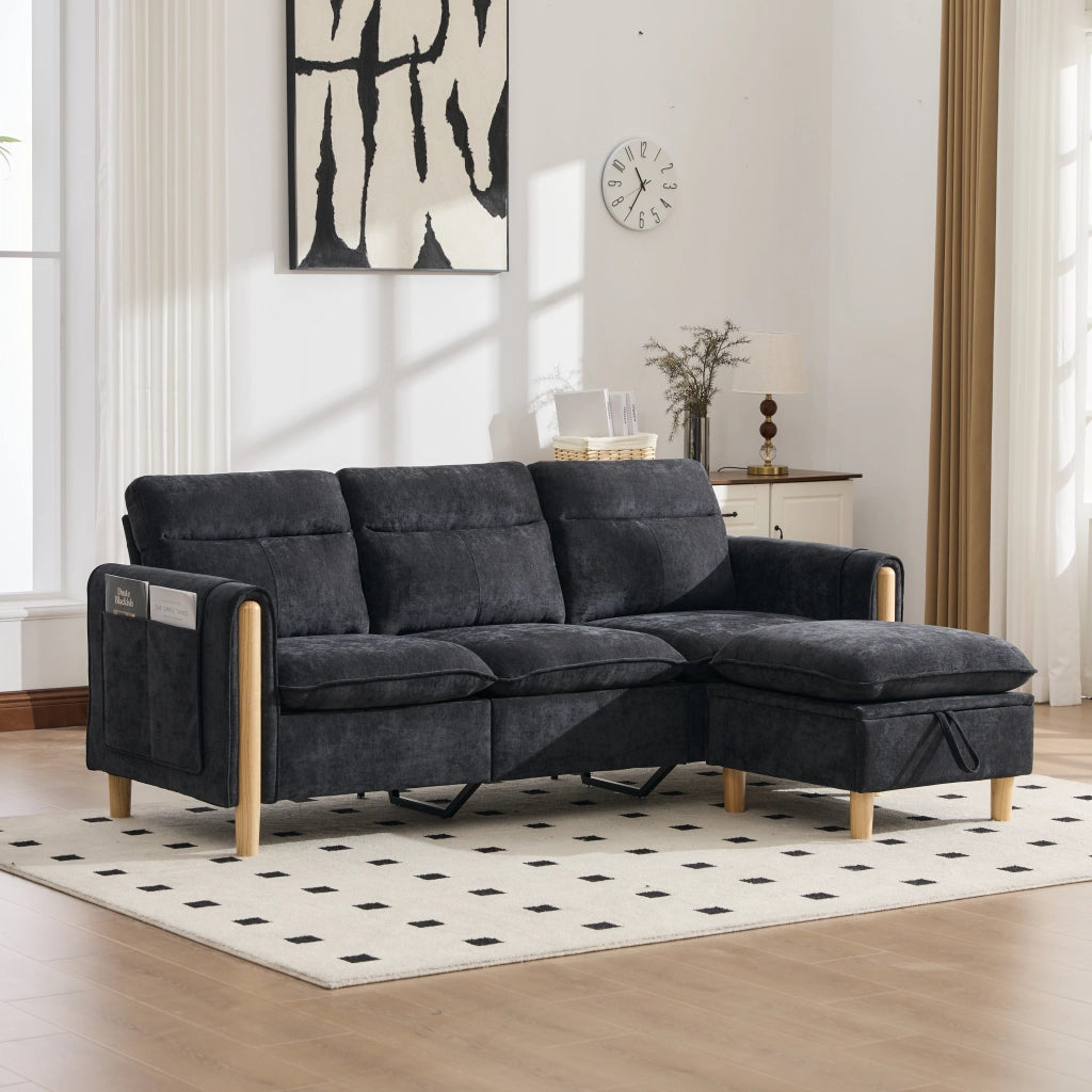 Divano angolare modulare a tre posti con pouf contenitore e tasche laterali in ciniglia nero 201 × 77 × 86 cm