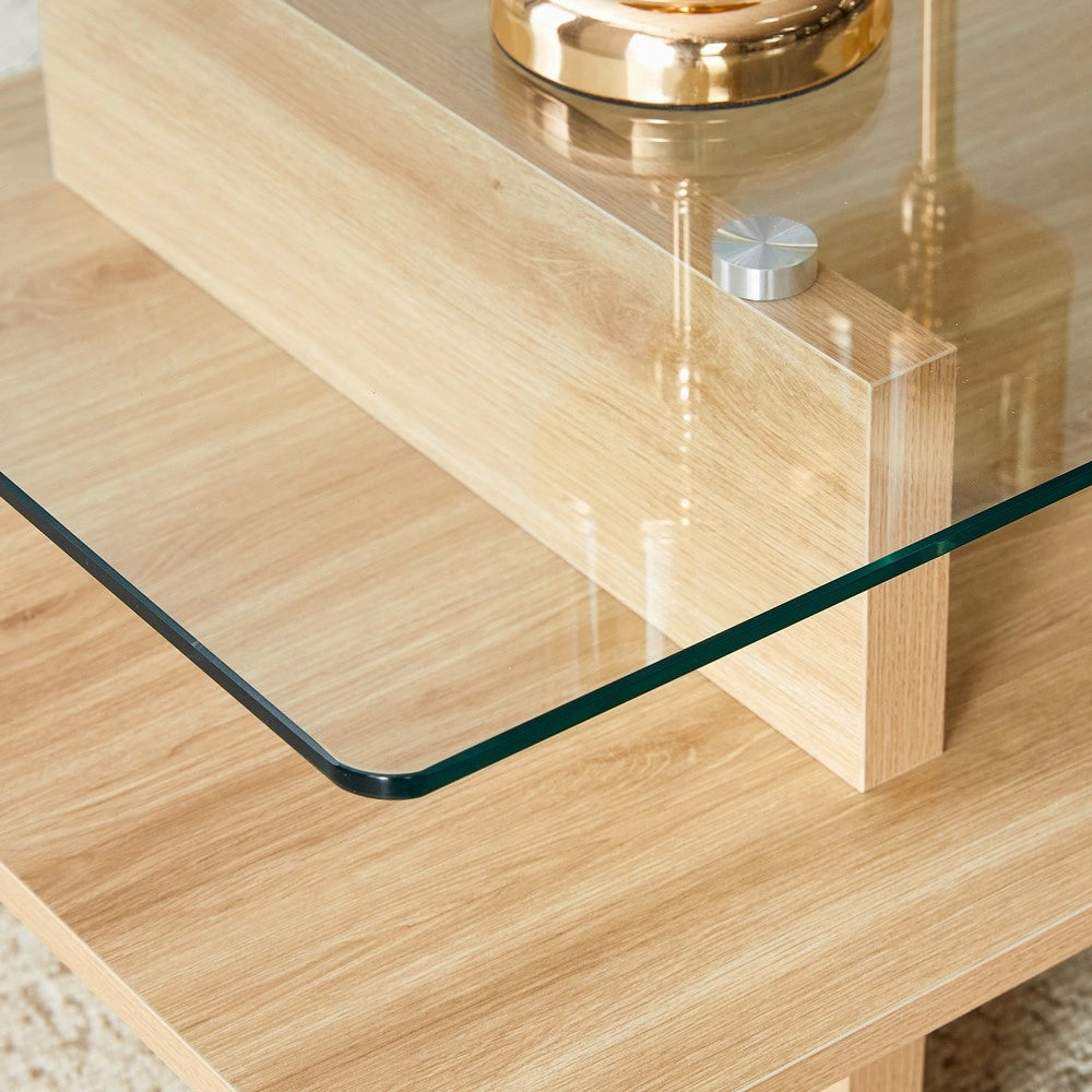 Tavolino da Caff¨¨ Doppio Piano ¨C MINIMAL ¨C Vetro Temperato e MDF, Finitura Legno Naturale, Moderno
