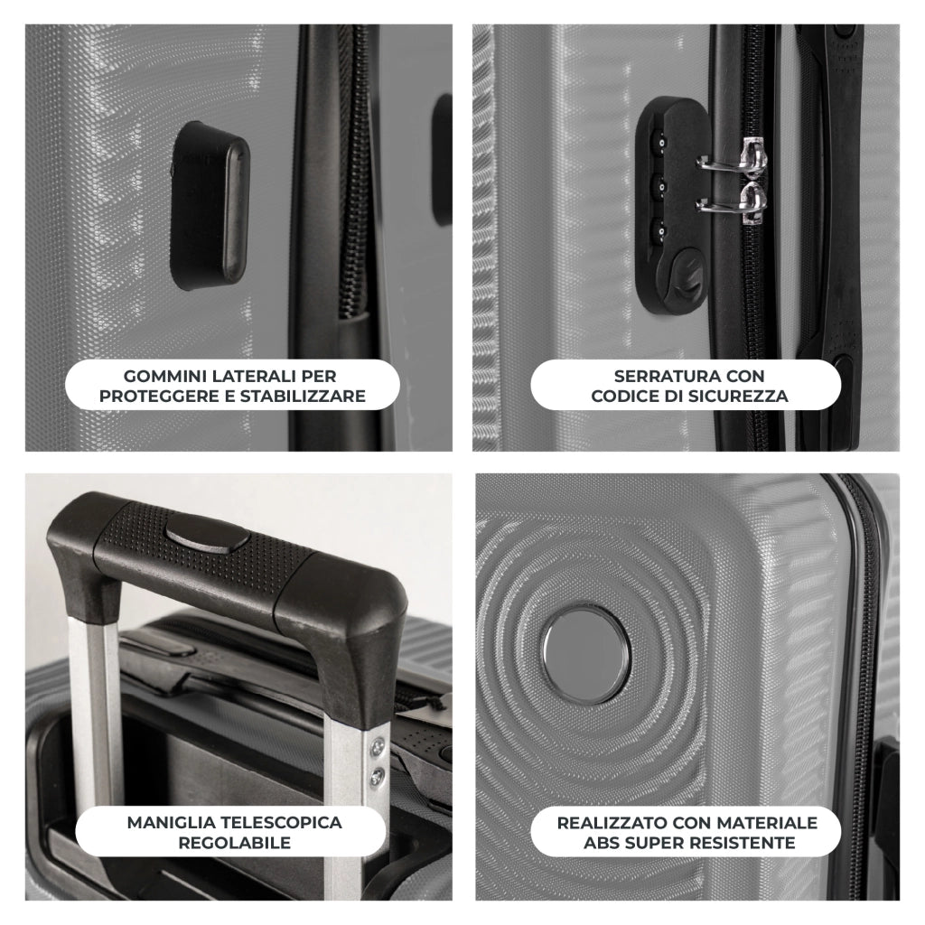 Trolley Bagaglio Mano Rigido 54x33x22 Piccolo Ultraleggero Valigia In Abs Con 4 Ruote Rimovibili Manico Chiusura Di Sicurezza Per Compagnie Low Cost Economy Zaino Da Viaggio Grigio