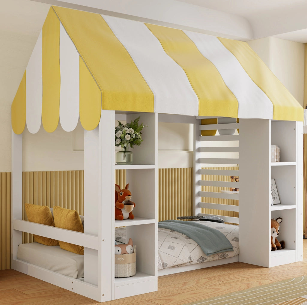 Letto per bambini 90x200 cm con baldacchino e vani portaoggetti bianco
