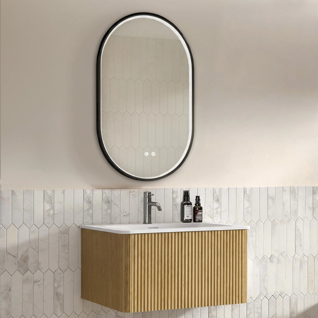 Mobile bagno sospeso con lavabo integrato e specchio LED antiappannamento per bagno in MDF effetto rovere moderno