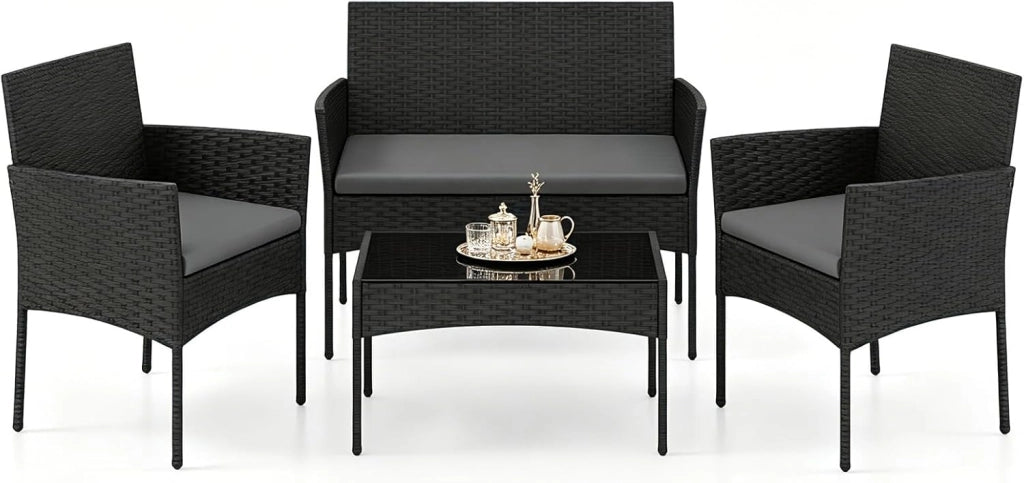 Salotto da Giardino 4 Pezzi, Set da Esterno in Rattan con 1 Divano 2 Posti, 2 Poltrone, 1 Tavolino in Vetro Temperato, Set Mobili da Giardino con Cuscini per Balcone, Terrazzo (Nero)