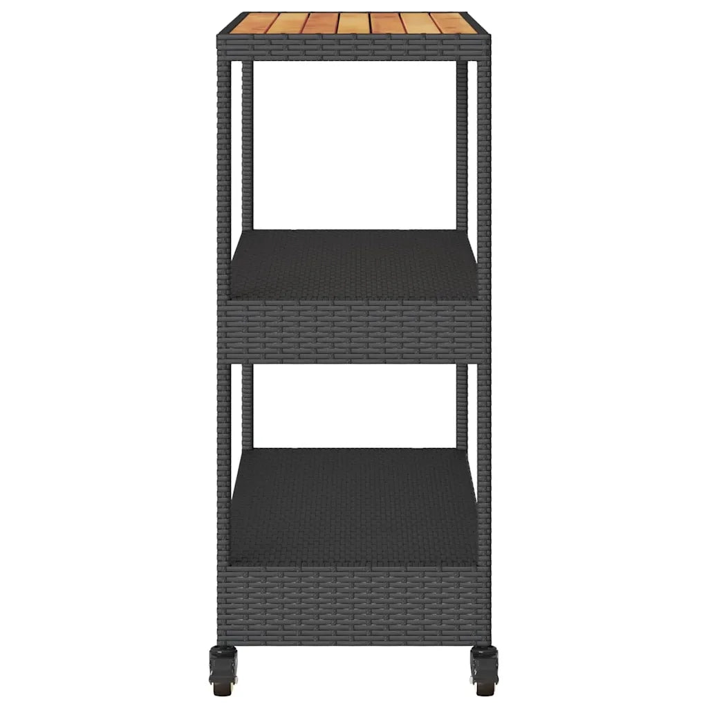 Carrello da Bar 3 Livelli Nero in Polyrattan e Legno Acacia CFW5074030