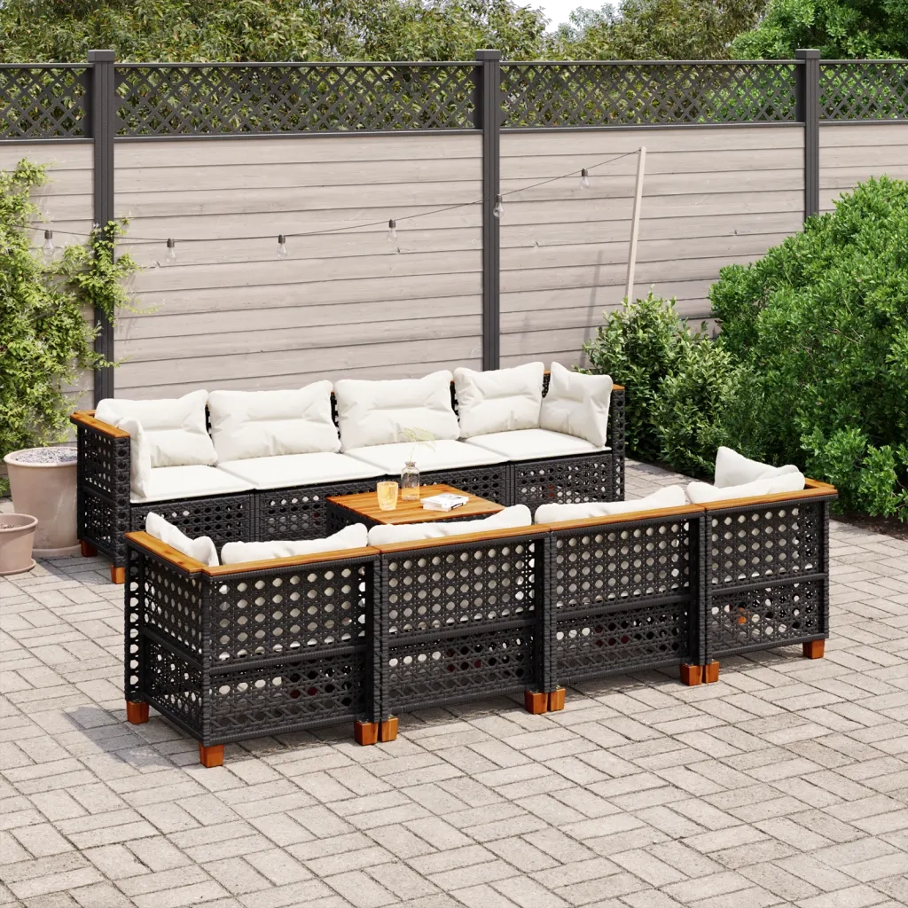 Set Divani da Giardino 9 pz con Cuscini Nero in Polyrattan