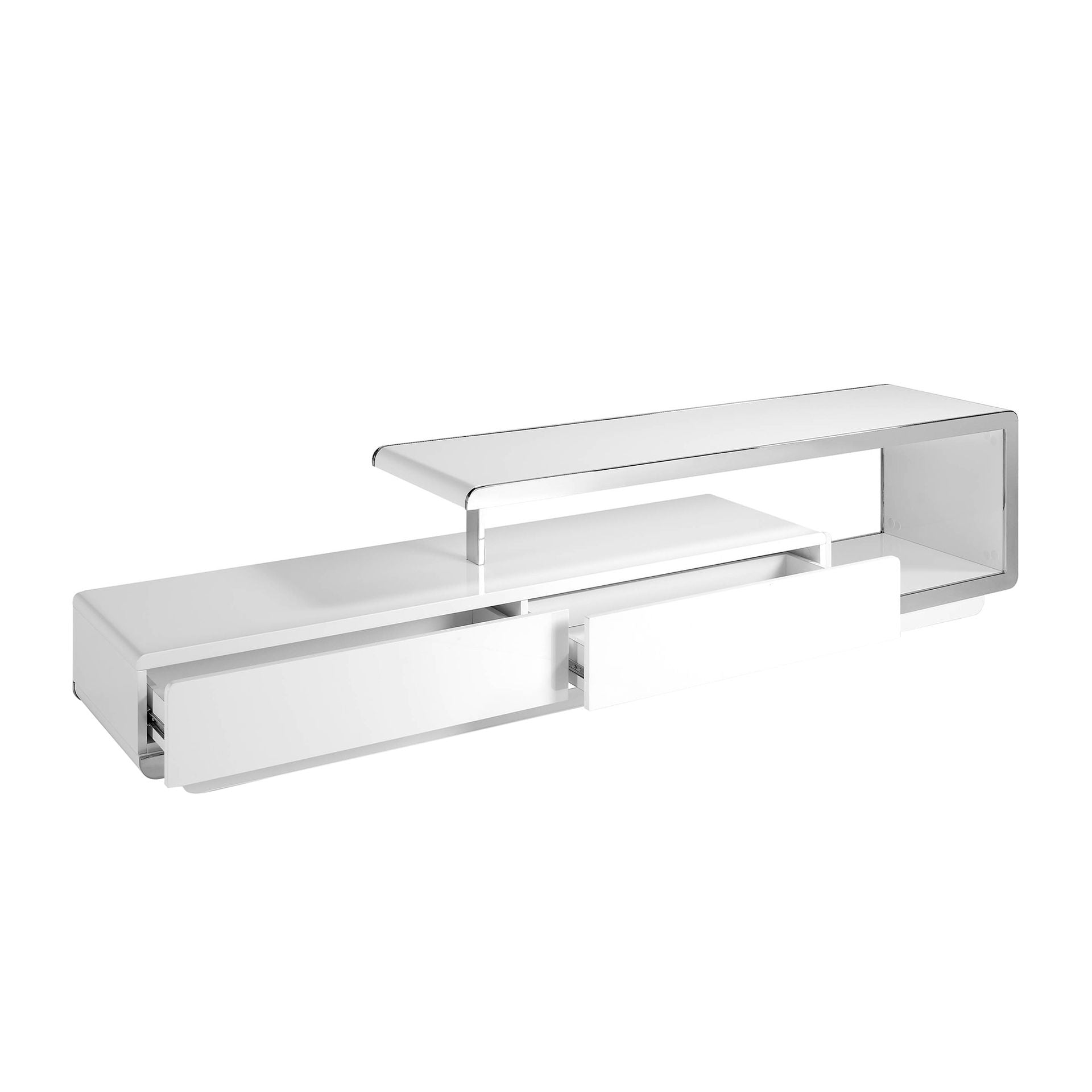 Mobile TV in legno bianco con base in acciaio cromato e base in acciaio cromato