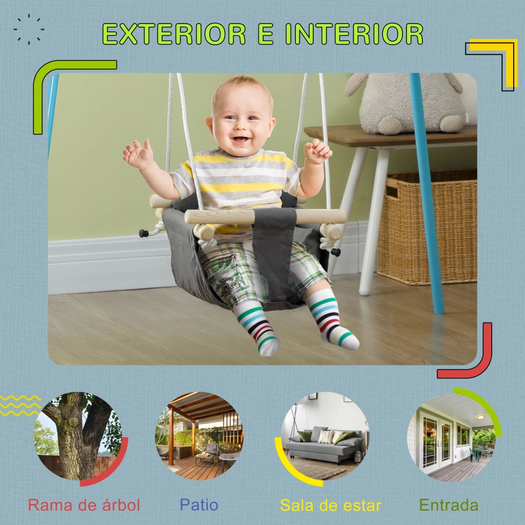 Altalena per Bambini Regolabile in Altezza ¨C zephmum ¨C Grigio e Legno 40x40x110-180 cm