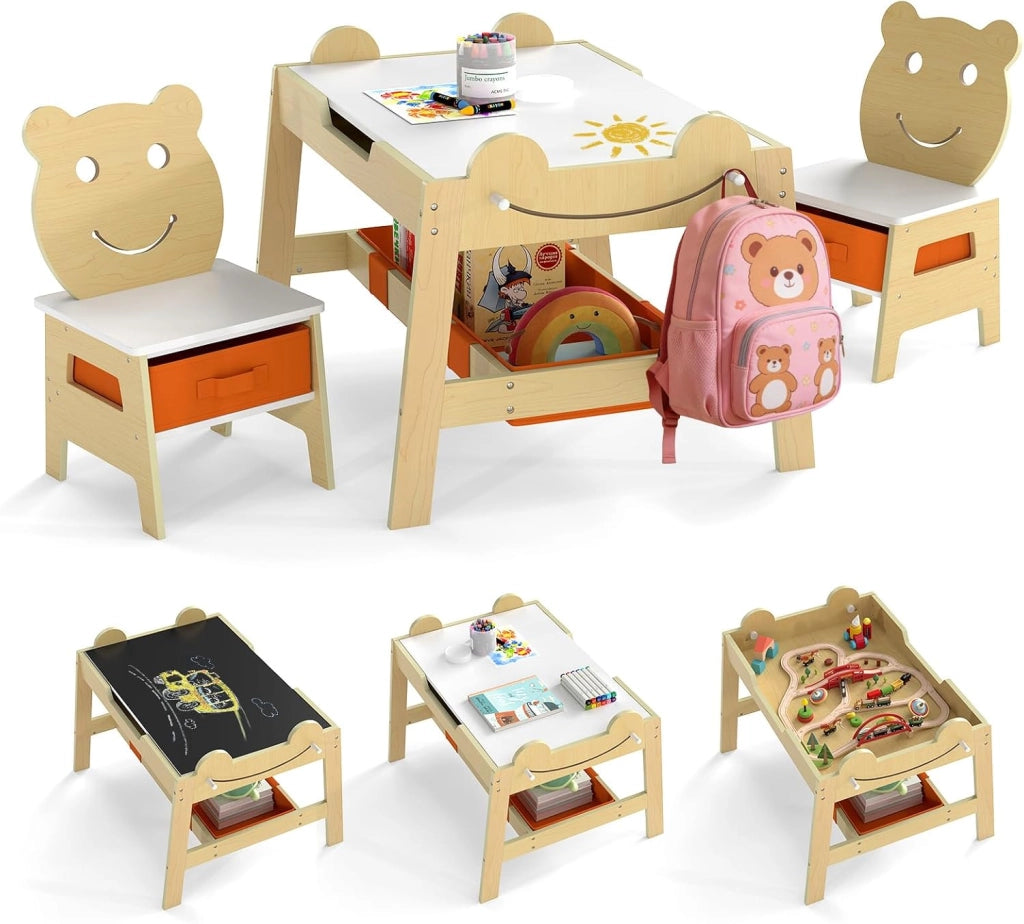 Set Tavolo e 2 Sedie per Bambini, 5 in 1 Tavolino e Sedie con 4 Ganci, 3 Scatole in Tessuto e Lavagna Reversibile per Bambini 3+ Anni per Cameretta Ragazzi (Naturale, Stile 5)