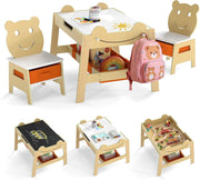 Set Tavolo e 2 Sedie per Bambini, 5 in 1 Tavolino e Sedie con 4 Ganci, 3 Scatole in Tessuto e Lavagna Reversibile per Bambini 3+ Anni per Cameretta Ragazzi (Naturale, Stile 5)