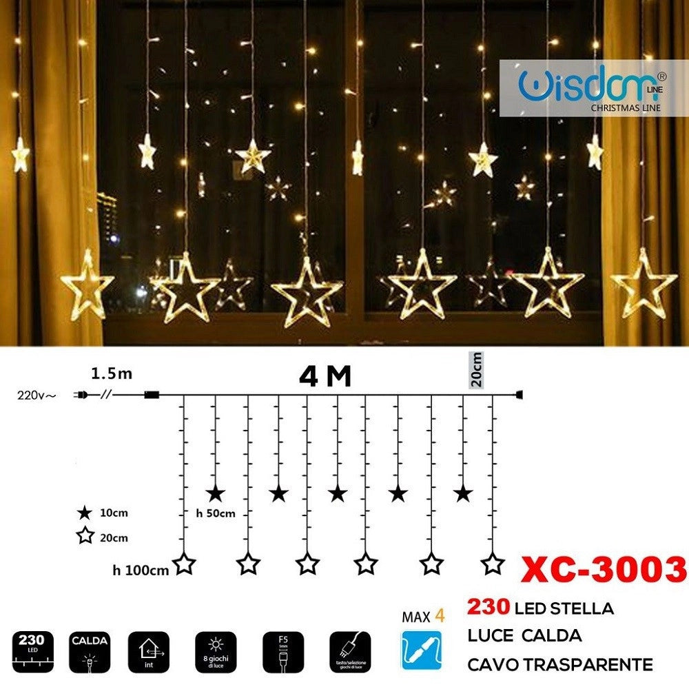 Trade Shop - Tenda Luminosa Natalizia 230 Led Con Stelle Luce Calda Cavo Trasparente Xc-3003 -