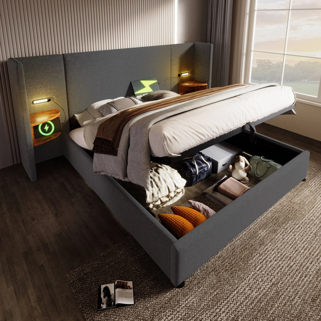 LETTO Contenitore 180x200 cm Grigio in Lino con USB e Lampada da Lettura