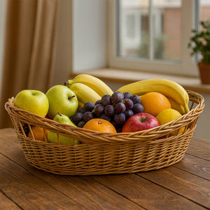 Cesta contenitore ovale in vimini naturale intrecciato a mano con bordi rialzati