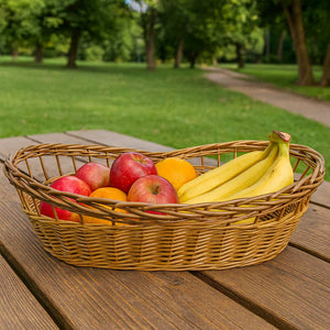 Cesta contenitore ovale in vimini naturale intrecciato a mano con bordi rialzati