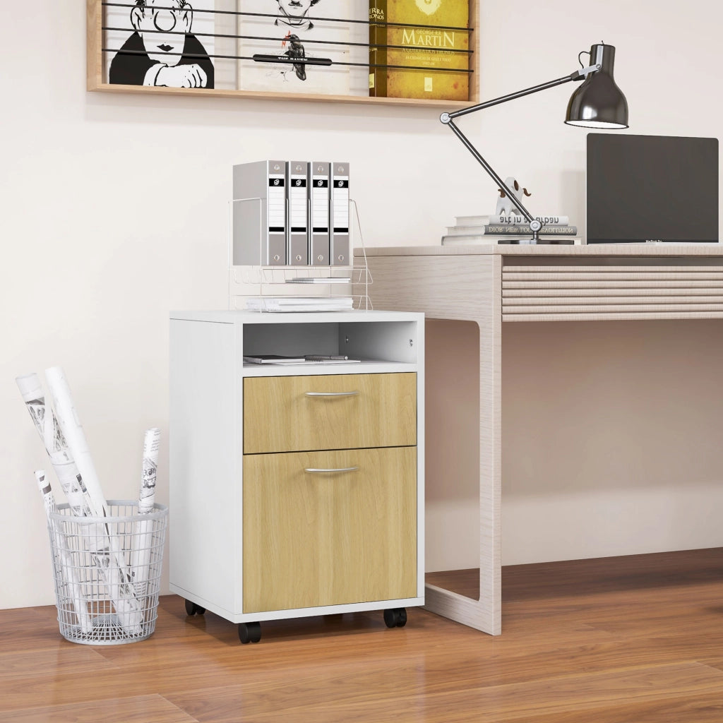 Cassettiera con Anta e Ruote per Ufficio ¨C zephmum ¨C Bianco e Naturale 40x35x60 cm