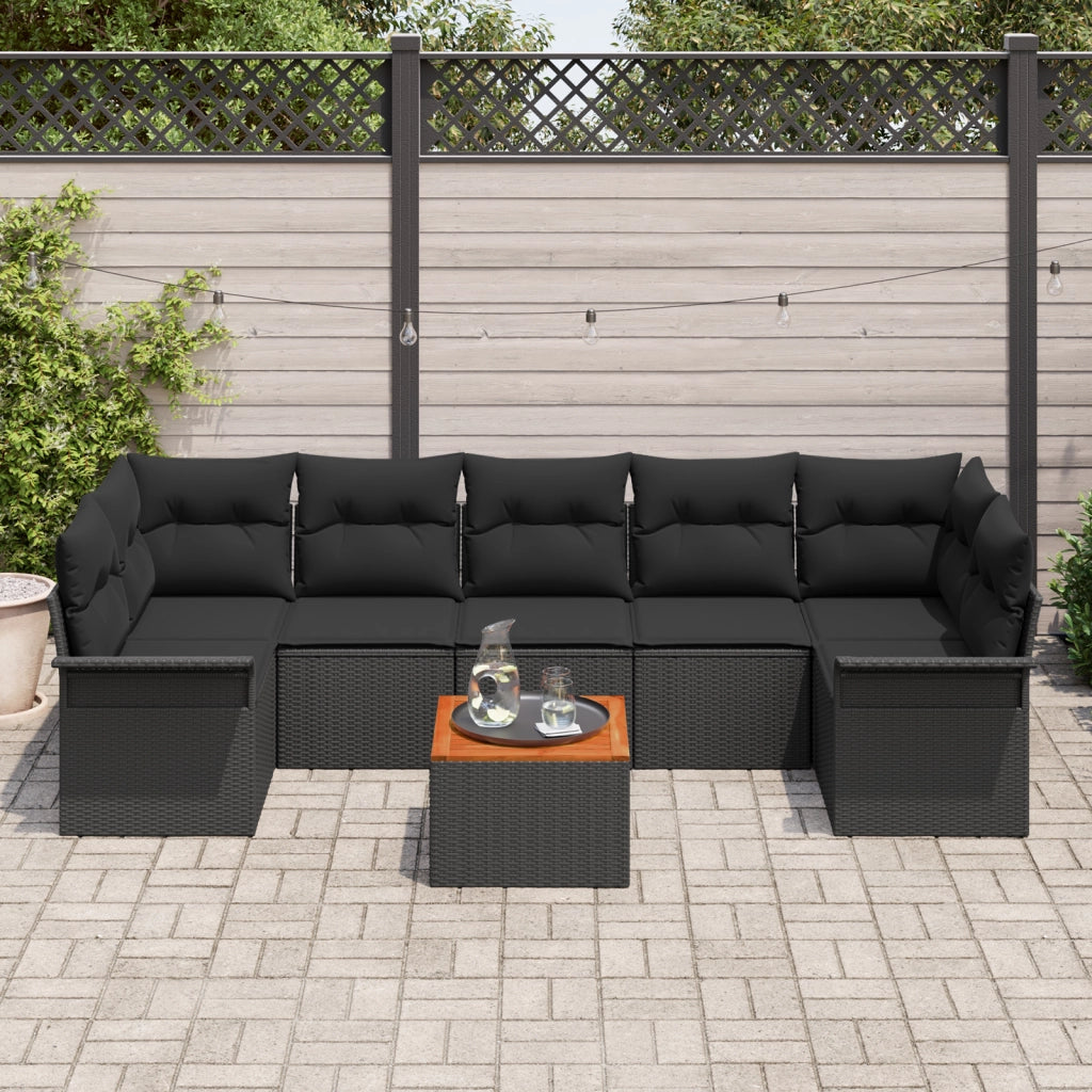 Set Divani Giardino 8 Pezzi con Cuscini Rattan Poliestere Nero Acacia