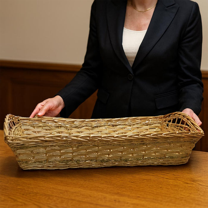 Cesta contenitore rettangolare in vimini intrecciato a mano con bordi rialzati