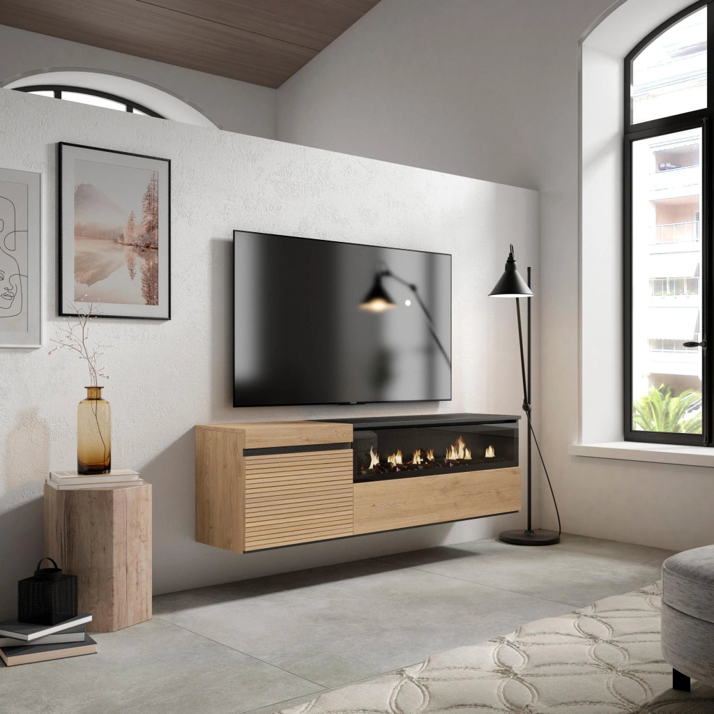 Mobile TV Soggiorno, 150x35x45cm, Per TV fino a 65", Camino elettrico, da appendere, colore Rovere RF3305