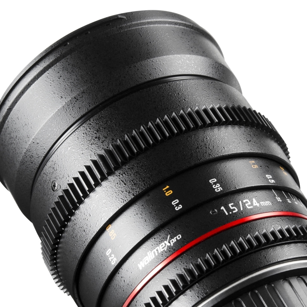 Walimex Pro Obiettivo fotografico e video VDSLR 24 mm 1:1.5 (incl. filettatura filtro 77 mm, paraluce, ghiera, apertura e messa a fuoco continua) per obiettivo Nikon F baionetta nera