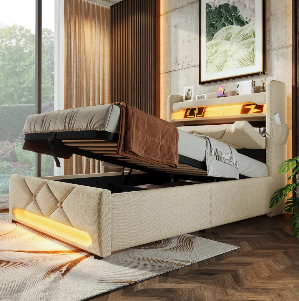 Letto singolo 90x200 cm con contenitore idraulico; LED; USB e Type-C; lino beige