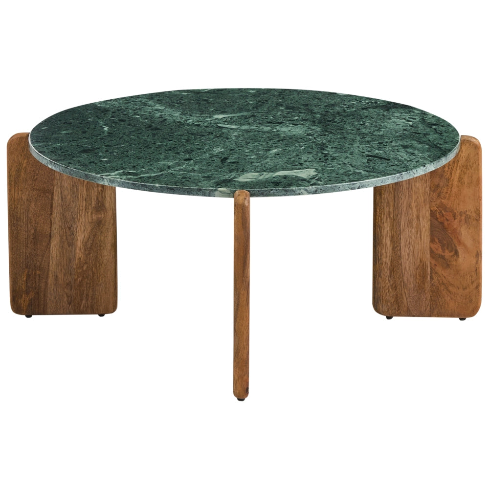 Tavolino con piano in marmo verde scuro e marrone e gambe in legno di mango, 80 cm, stile moderno, rotondo, per soggiorno