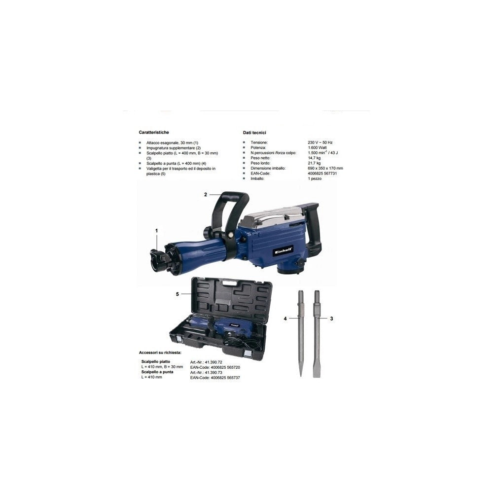 Trade Shop - Martello Demolitore Einhell Bt-dh 1600 Motore 1600w 2 Punte Scalpello Valigetta -